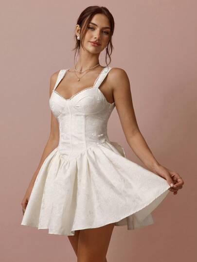 Enchnt Vestido mini de princesa con cuello de corazón, espalda descubierta y lazo, de estilo romántico con estampado floral jacquard en color albaricoque y blanco, dulce, elegante y modesto, para fiesta de cumpleaños, fiesta, cita, vacaciones, graduación, bodas, fiestas de novia, conciertos y Pascua. Vestidos de verano para mujer.