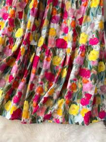SHEIN VCAY Women's Oil Painting Floral Garden Print Elegant A-Line Skirt