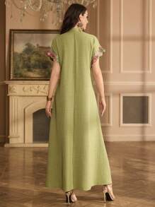 Al Najma Embroidered Collar Flower Design Shoulder Sleeve Stand Collar Elegant Dress, Kaftan