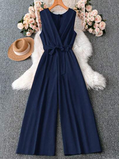 DreamSkyne Exquisite & Elegant  Plus Size Women's Solid Color Surplice Neckline Sleeveless Casual Jumpsuit With Elastic Waistband