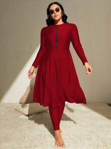 Swim Mulvari Summer Beach Plus Zip Front Full Body Burkini Swimsuit Dresses For Women>Long Sleeve - Burgundy - View 3
