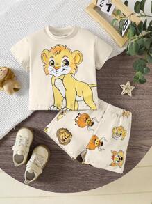 SHEIN Persoplay Kids 2pcs/Set Baby Boy Casual Cute Summer Lion Print Outfit, Round Neck Short Sleeve Top Paired With Bull Print Shorts, Grey-Green, Simple Casual, Soft And Comfortable, Suitable For Daily Wear, School, Outdoor, Travel, Leisure, Sports