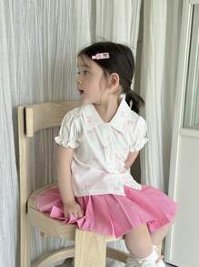 SHEIN 2 件装女婴可爱甜美校园风格蝴蝶结衬衫和百褶裙套装，春夏，0-3 岁 - 粉色 - 查看 7