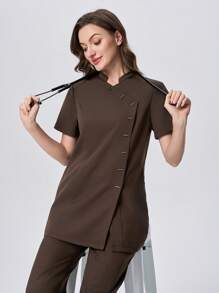 Scrubzie Anti-Wrinkle Stand Collar Short Sleeve Button-Up Scrub Uniform Top And Pants Set - Brown - View 2