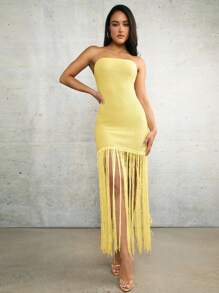 Silquee Island Girl Crochet Maxi Dress Cover Up Apricot Linen Strapless Strapless Spring And Summer Vacation Beach Extra Long Tassel Mini Crochet Dress - Yellow - View 5