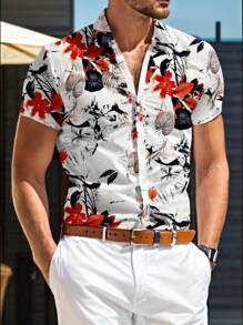 Manfinity RSRT Men's Summer Vacation Plant Print Button Front Short Sleeve Shirt - Multicolor - View 1