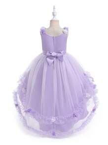 Elegant Fashion Girl's 3D Flower Decor Trailing Party Dress, Suitable For Birthday Party - Mauve Purple - View 2