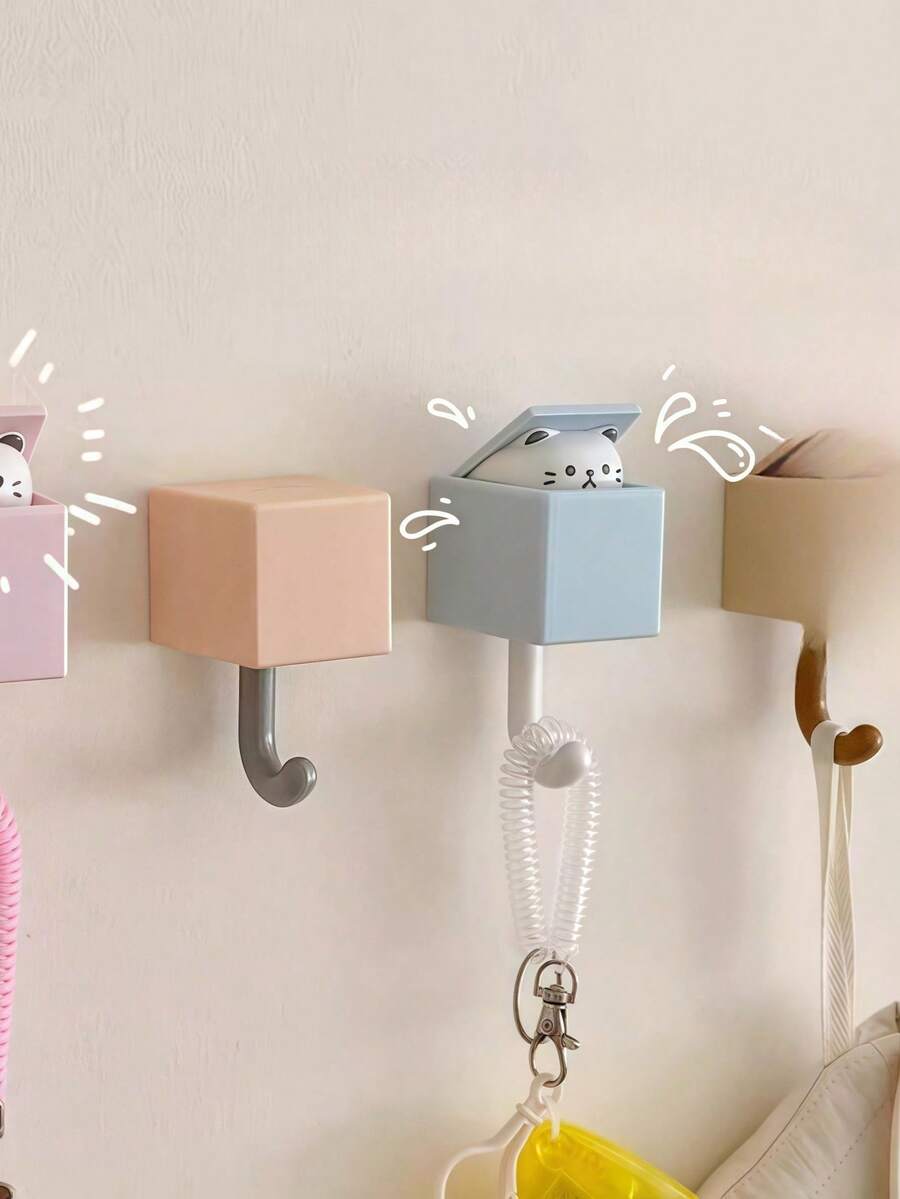 1 件新款卡通可爱猫咪设计墙壁挂钩，防水无缝，卧室、客厅装饰衣架，墙壁挂钩自粘挂钩宿舍卧室门衣架挂钩钥匙毛巾帽衣帽架墙壁装饰灰蓝猫 - 藍色 - 查看 1