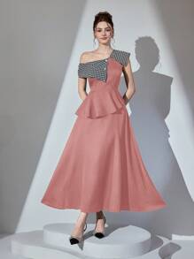 Modelyn 女式长款千鸟格不对称领口腰部修身喇叭形韩版连衣裙 - 粉色 - 查看 3