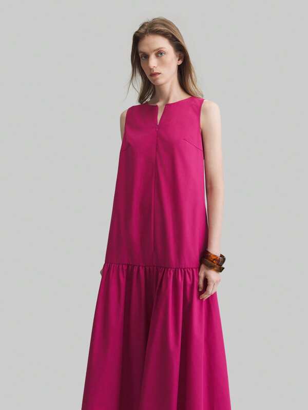 Ontre Robe de femme, style ancien argent, robe longue rouge sans manches, col rond, casual urbain moderne, nouvelle collection printemps/été 2026, robe longue sans manches de couleur unie minimaliste pour dames