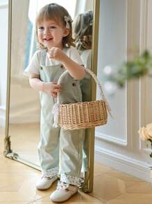 SHEIN Baby Girl Spring/Summer Mint Green Casual Pants, Ditsy Floral Patched Ankles, Countryside Style Jumpsuit - Mint Green - View 1