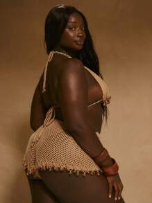 MUSERA Plus Size Sexy Cute Elegant Crochet Knit Halterneck Fringed Beaded Triangle Bikini Top Boho For Swim Holiday For - Camel - View 4