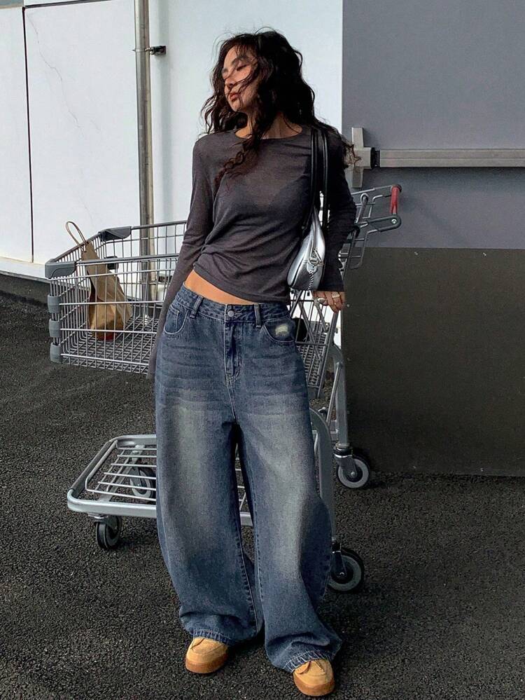 Women's Vintage Loose Straight Leg Washed Baggy Jeans