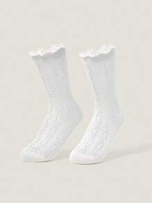 Muvela Ins 款式荷叶边波纹网眼夏季薄款袜子，白色玛丽珍中筒袜 - 白色 - 查看 2