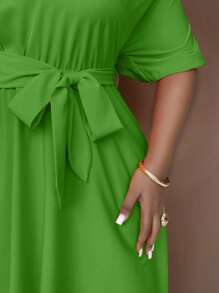 Maweii Plus Size Women Woven Asymmetrical Asymmetrical Neck Belted A-Line Dress Maxi Women Outfit - Lime Green - View 6