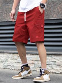 Manfinity Homme Men's Solid Color Drawstring Waist Cargo Pocket Casual Shorts - Red - View 6