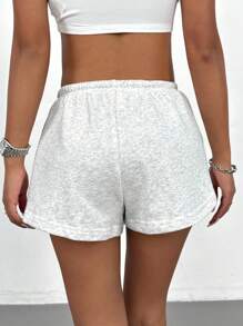SHEIN PETITE Summer Casual Solid Color Drawstring Waist Shorts - Light Grey - View 2