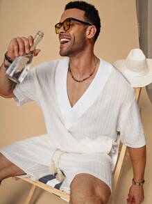 EASEVO Plus Size Men's Loose Jacquard White V-Neck Short Sleeve T-Shirt And Shorts Set - White - View 1