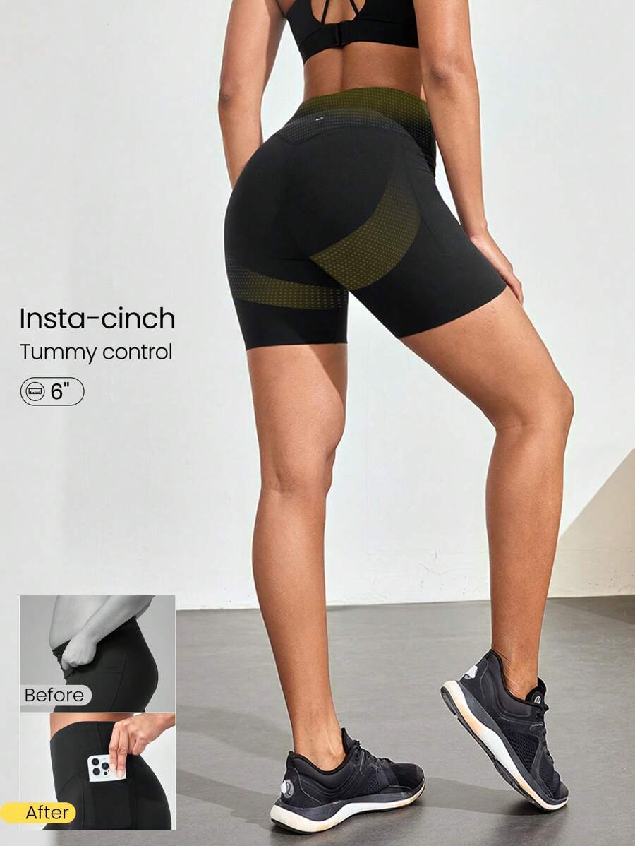 GLOWMODE 6" FeatherFit™-Sculpt Joy Run Tummy Control Butt-Lifting Non-Slip Side Pockets Training Biker Shorts Medium Impact Running Jogging Training Gym Workout - Black - View 1