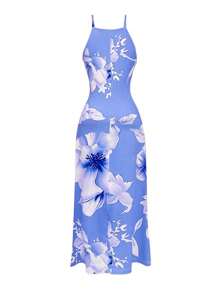 Tropical Flower Print Sexy Cami Design Women's Dress Maxi Women Outfit - 淺藍色 - 查看 2