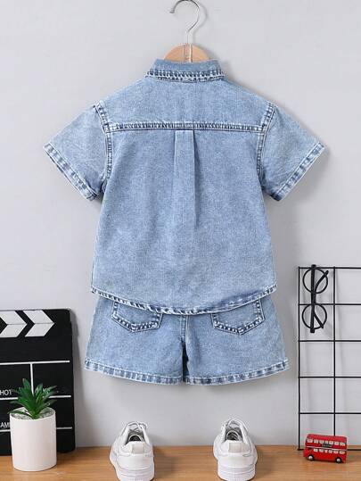SHEIN Genkimix Kids Young Boys Short Sleeve Denim Jacket And Shorts Set, Fashionable For Summer Summer Holiday
