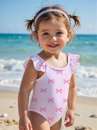 SHEIN Baby Girls' Minimalist Bow Decor Fitted One-Piece Swimsuit, Suitable For Summer