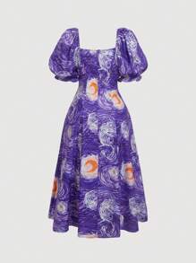 SHEIN MOD Vestido de tallas grandes con estampado de "La Noche Estrellada" de Van Gogh, manga abullonada vintage, serie de arte - Morado - Ver 2