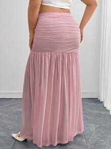 SHEIN Clasi Falda elegante de talla grande para mujer con detalle fruncido y bajo de cola de pez en unicolor - Rosa - Ver 8