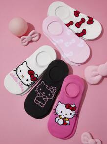 HELLO KITTY AND FRIENDS | SHEIN 5 Pairs Women Breathable Soft Boat Socks/Invisible Socks, Reinforced Toe & Heel, Cute Bow Pattern, Assorted Colors, Suitable For Spring & Summer