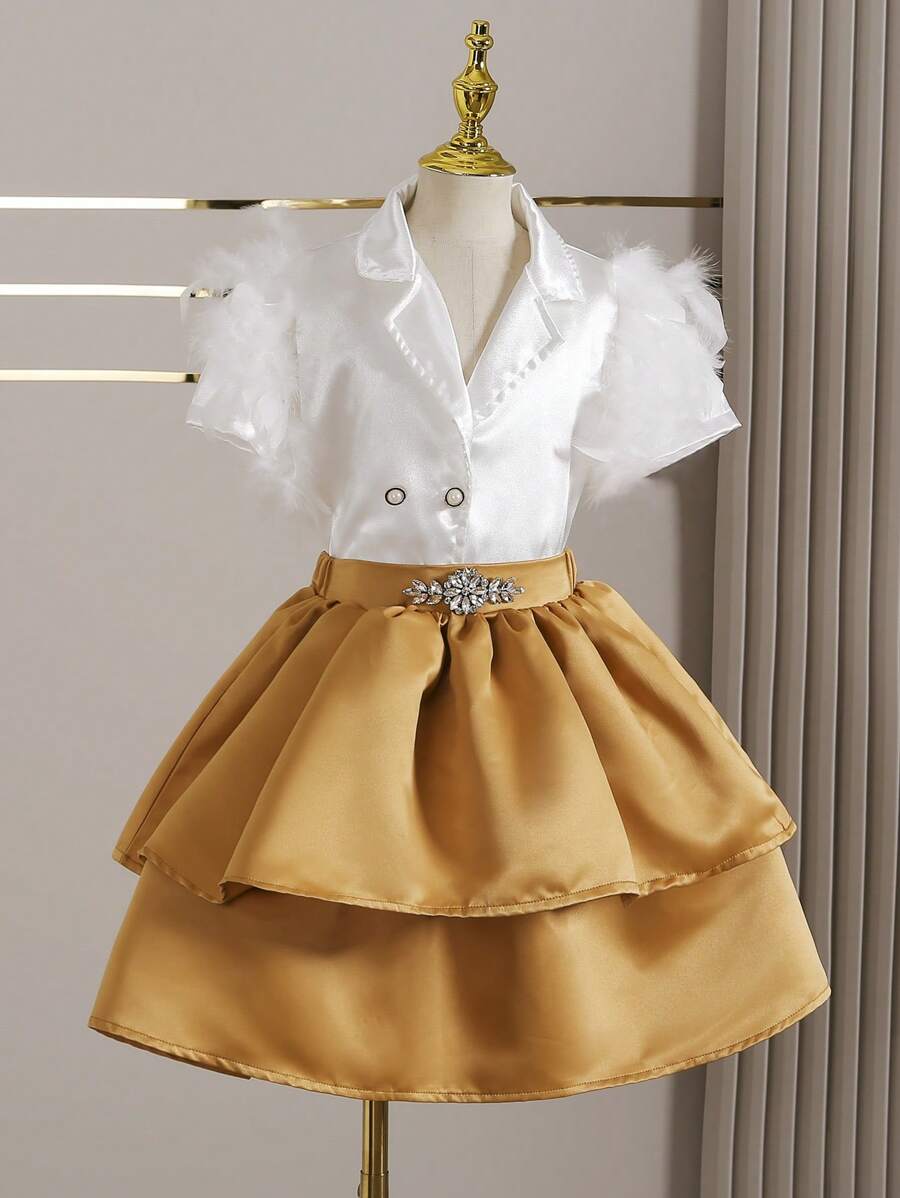 SHEIN Tween Girls White Summer Formal 2 Pieces Set,Feather Decor Notched Collar Double-Breasted Shirt,Elegant Double-Layer Skirt,Rhinestone Sparkle Party - Multicolor - View 1