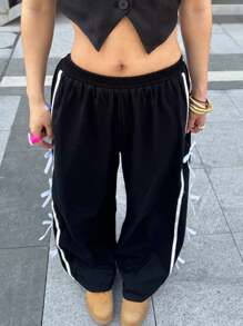 SHEIN 青少年女孩春夏街头运动休闲编织带蝴蝶结阔腿运动裤，返校，运动休闲，女孩服装女孩纯色缝线抽绳侧蝴蝶装饰休闲裤 - 黑色 - 查看 6