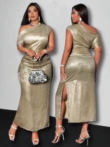 Viva Relle Plus Size Elegant Women's Iridescent Cinched Waist Asymmetric Neck Dress For Holiday Party Clothes Maxi Women Outfit - Gold - View 1