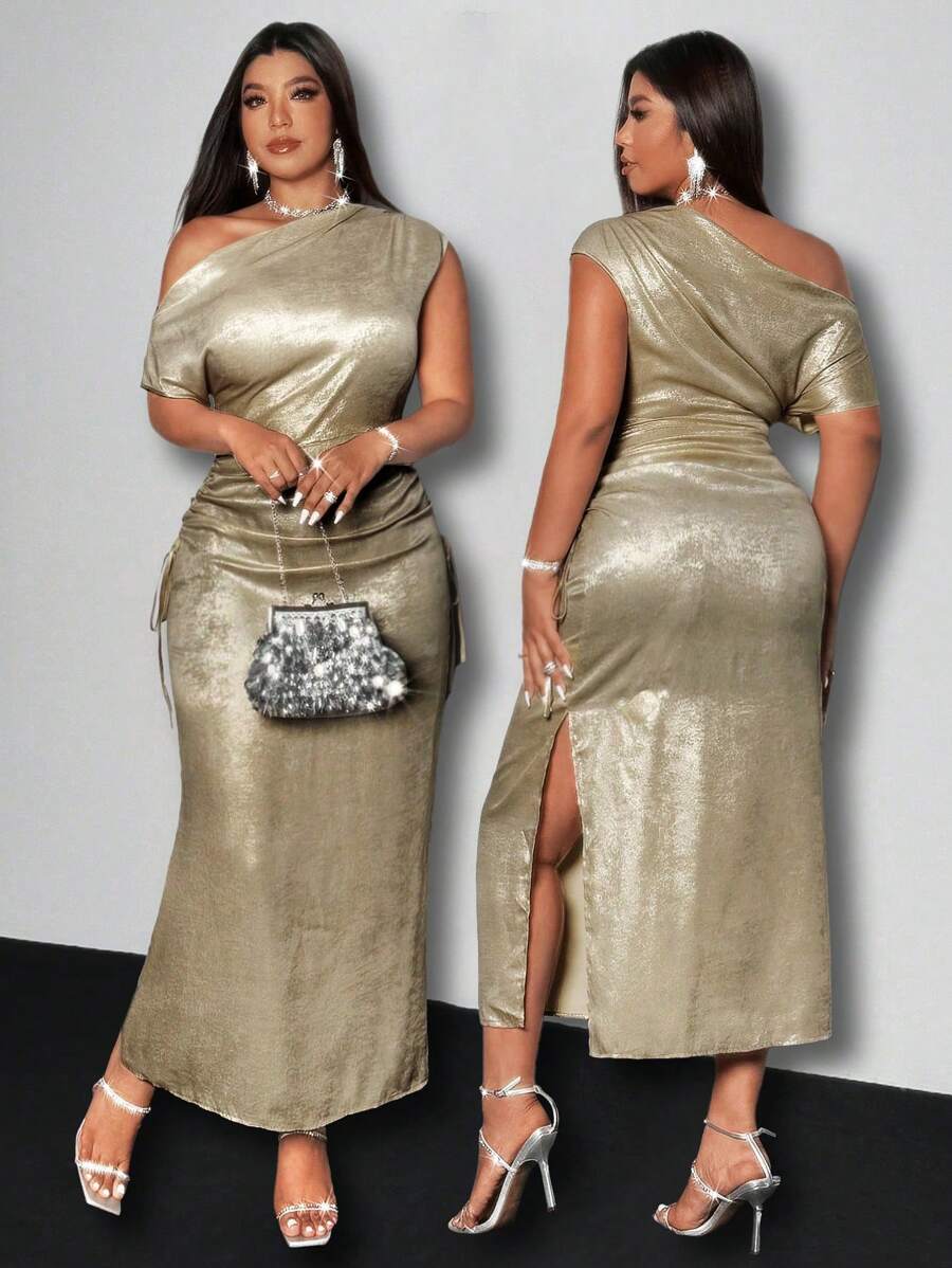 Viva Relle Plus Size Elegant Women's Iridescent Cinched Waist Asymmetric Neck Dress For Holiday Party Clothes Maxi Women Outfit - Gold - View 1