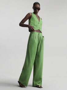 Ontre 2026 Women's 2-Piece Linen V-Neck Vest And Pants Suit,Green Summer Smart Casual Brunch,Business Office Wear,Old Money Style Urban Commuting Fashion - Green - View 7