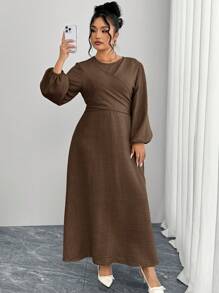 Modelyn Plus Size Solid Color Long Sleeve Dress, Fashionable For Summer - Coffee Brown - View 3