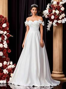 Glamrae Elegant White Satin Off The Shoulder Ruched Front Floral Decor Adjustable Tie Back Maxi Ballroom Dress With Dramatic Tail Train, Wedding Dress, Bride