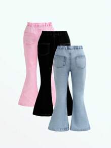 3pcs Girls Washed Multi-Color Fitted Ripped Flared Leg Jeans, Casual & Fashionable For Everyday Wear - Multicolor - View 2