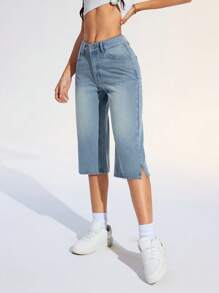 SHEIN EZwear Women's Loose Fit Casual Straight-Leg Capri Jeans With Pockets - Blue - View 5