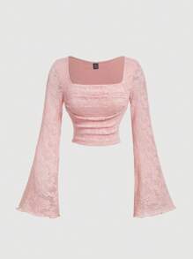 SHEIN MOD Women Light Pink Lace Cup Gather Flared Sleeve T-Shirt,Fall/Winter,Halloween,Homecoming,Going Out,Hippie Women Clothes,Beige Women Long Sleeve Top,Fairy Core,Christmas