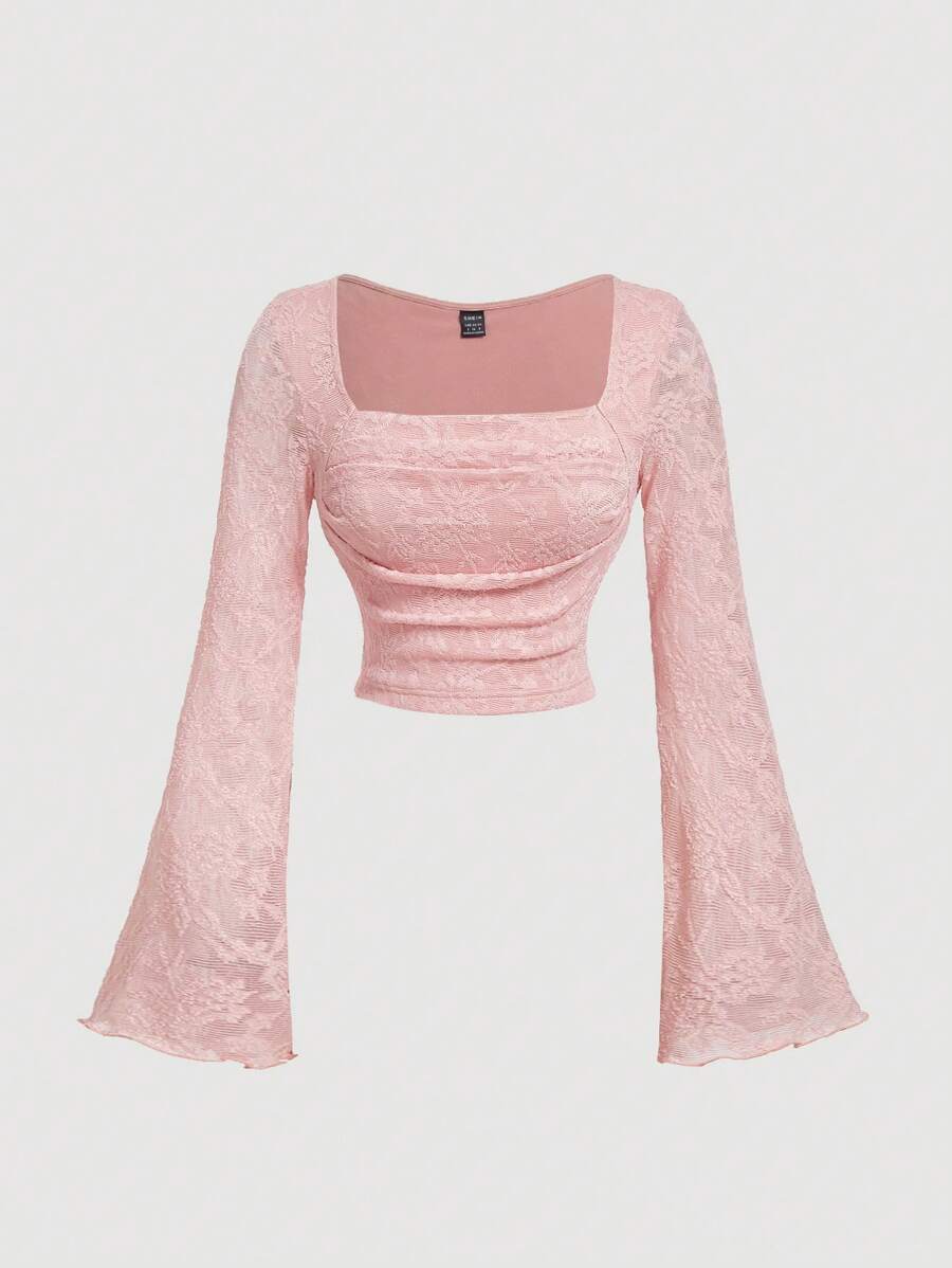 SHEIN MOD Women Light Pink Lace Cup Gather Flared Sleeve T-Shirt,Fall/Winter,Halloween,Homecoming,Going Out,Hippie Women Clothes,Beige Women Long Sleeve Top,Fairy Core,Christmas