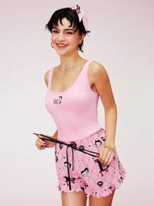 BETTY BOOP X LUVLETTE Conjunto de ropa de estar en casa con top de tirantes rosa básico y pantalones cortos con estampado de x LUVLETTE, pantalones con bolsillos, lencería, ropa interior nupcial - Rosa - Ver 8