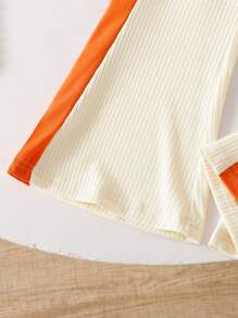 SHEIN 2pcs/Set Girls 3D Floral Knitted Color Blocking Polo Vest And Flared Pants, Summer Outfit