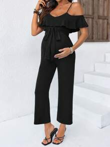 SHEIN Black Maternity Capri Jumpsuit With Cold Shoulder Ruffle Detail And Tie Waist For Casual Style - Black - View 4
