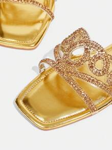 CUCCOO TILAWA Women's Fashion Square Toe Casual Outdoor Slip-On Sandals With Gold Rhinestone, Comfortable Flat Ladies Summer Slides - Gold - View 10