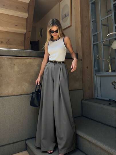 Pariaura 1 pieza Pantalón ancho suelto y plisado de unicolor para mujer, apto para ir a trabajar y uso casual