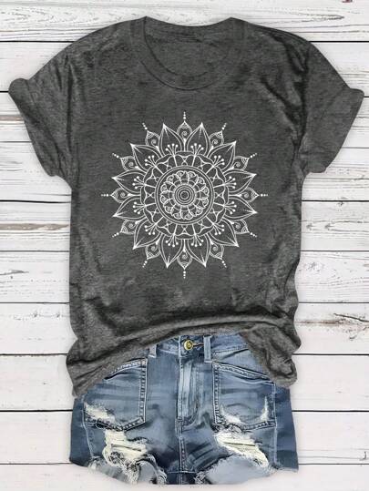 SHEIN LUNE Plus Size Casual Floral Printed T-Shirt Tops, Summer