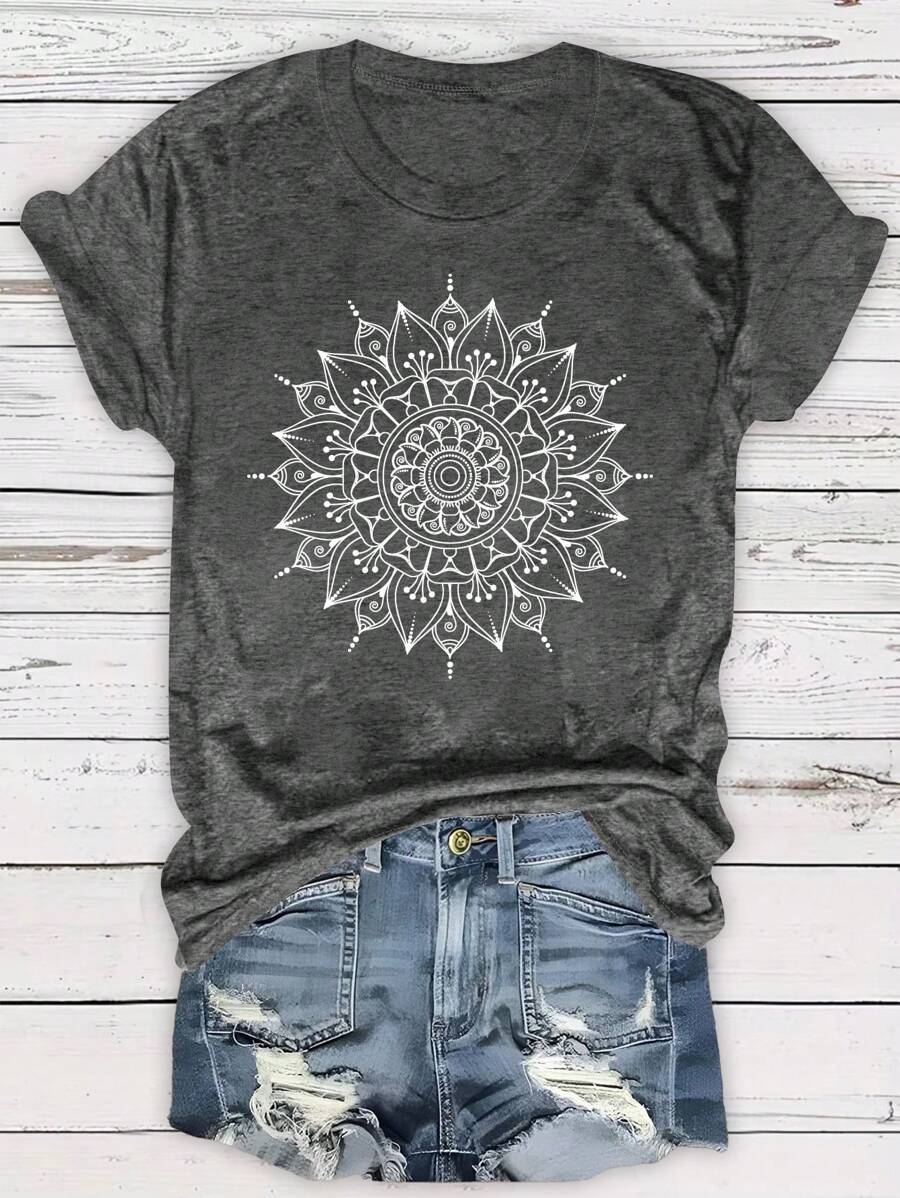 SHEIN LUNE Áo thun in hoa thường ngày cỡ lớn, mùa hè - Màu xám đen - Xem 1