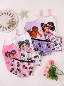 8pcs/Set Young Girl Black Ruffle Trim Camisole & Shorts Set, Casual & Simple Fashion Soft Printed Underwear - Multicolor - View 3