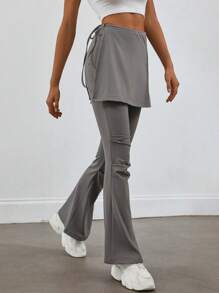 Jouncy Damen Lässig Band-up rüschenbesetzter Saum Slim Fit Weite Hose Culotte, Herbst/Winter - Grau - Übersicht 3