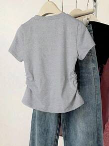 SHEIN 女士蝴蝶结印花褶饰短袖 T 恤